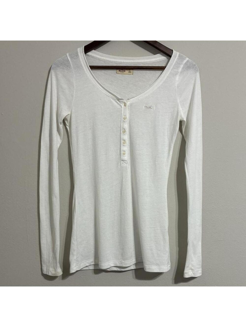 Hollister White Long Sleeve Henley Shirt Size Small Y2K Preppy Button Front Top